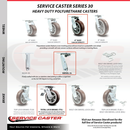 Service Caster 6 Inch Polyurethane Swivel Caster with Roller Bearing and Total Lock Brake SCC SCC-TTL30S620-PPUR